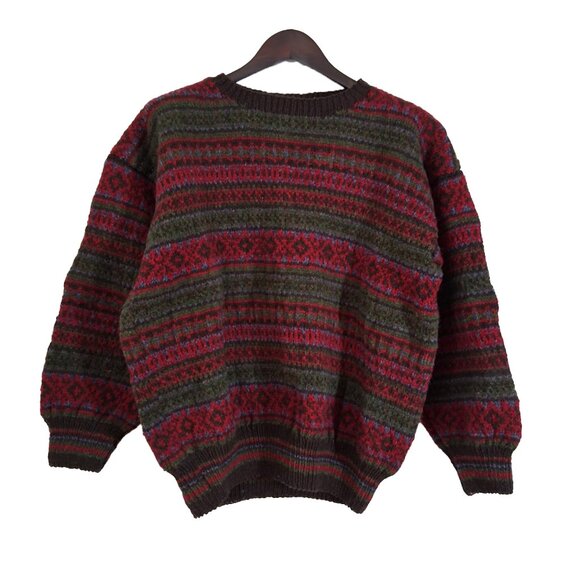 Hand Crafted Sweaters - Chunky Handknit Wool Sweater Oversize Unisex Cabincore Warm Thick Cozy Red Green